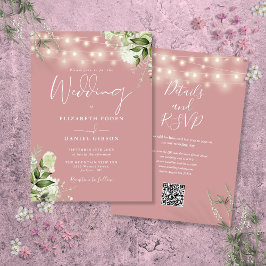 Dusty Rose String Lights Floral QR Code Wedding Einladung