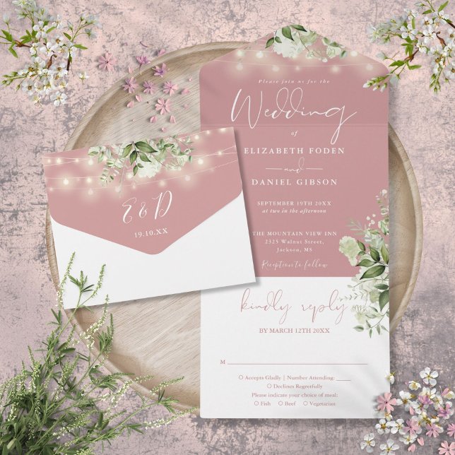 Dusty Rose String Lights Greenerity Monogram Weddi All In One Einladung (Dusty Rose String Lights Greenery Monogram Wedding All In One Invitation)