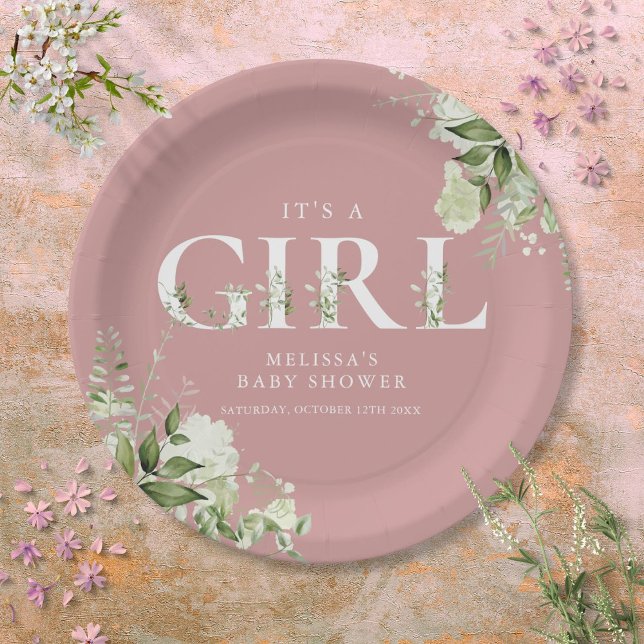 Dusty Rose The A Girl Greenerity Letter Baby Dusch Pappteller (Dusty Rose Its A Girl Greenery Letter Baby Shower Paper Plates)