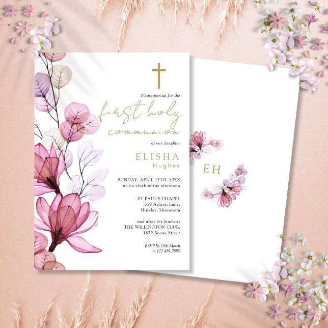 Dusty Rose Transparent Blumengemeinde Einladung (Dusty Rose Transparent Floral First Holy Communion Invitation)