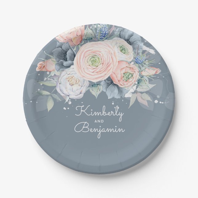 Dusty Rose und Blautönen Elegante Hochzeit Pappteller (Vorderseite)