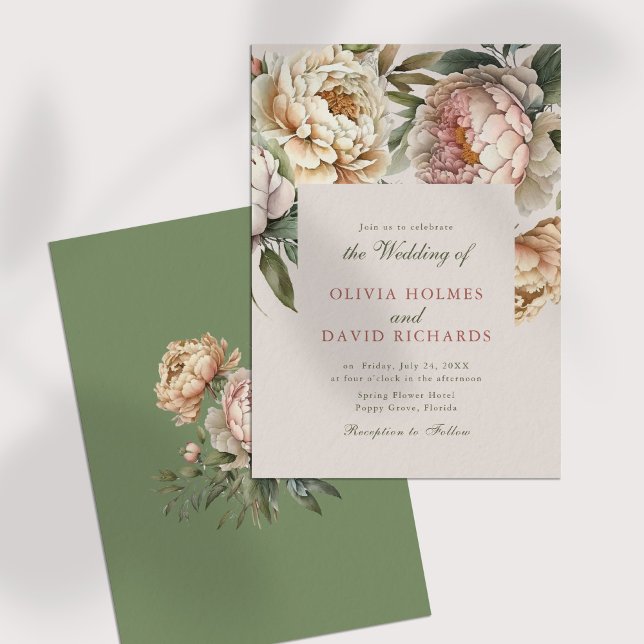 Dusty Rose und Blush Pink Peony Wedding Einladung (Dusty Rose and Blush Pink Peony Wedding Invitation on a white table)