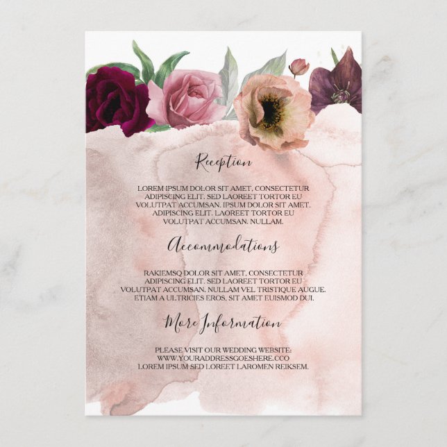 Dusty-Rose und Burgund-Hochzeitsinformationen Begleitkarte (Vorderseite)