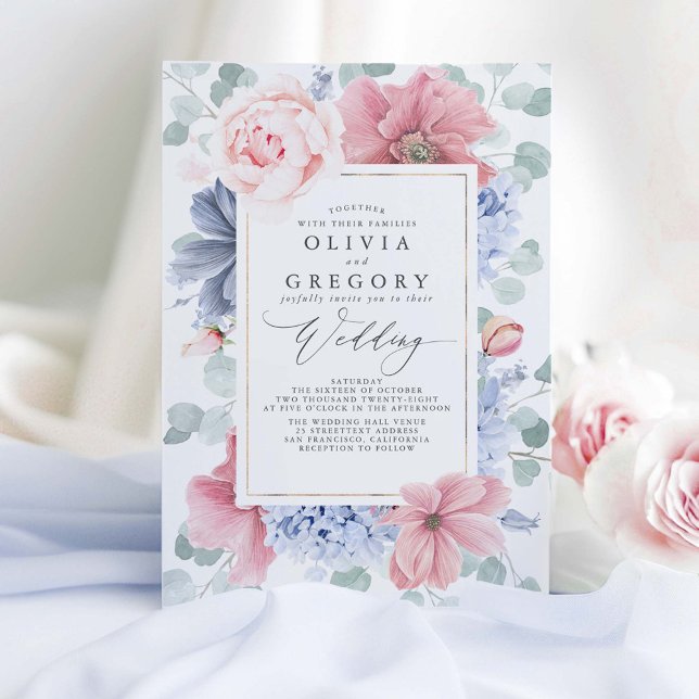 Dusty Rose und Dusty Blue Blumen Elegante Hochzeit Einladung (Dusty Blue and Dusty Pink Wedding Invitations)