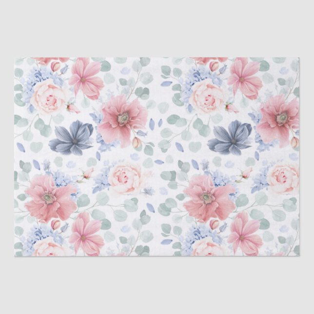 Dusty Rose und Dusty Blue Floral Botanisches Elega Seidenpapier (Vorderseite)