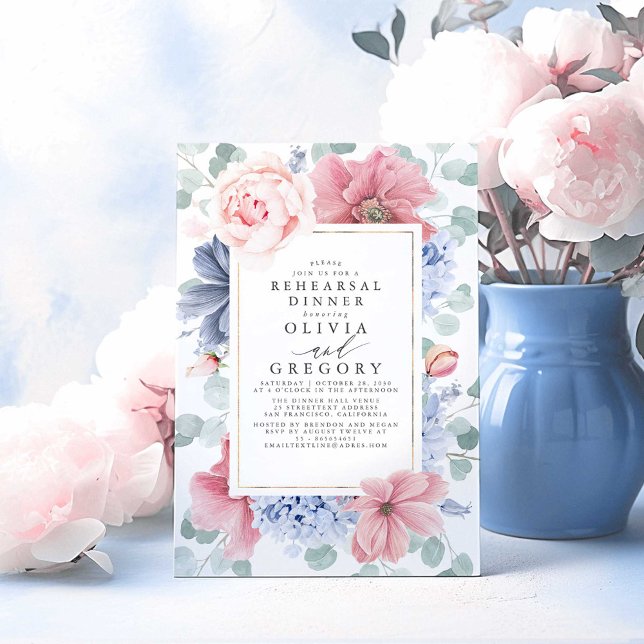 Dusty Rose und Dusty Blue Floral Probe Dinner Einladung (Dusty Blue Floral Rehearsal Dinner Invitations)