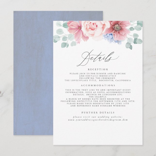 Dusty Rose und Dusty Blue Floral Wedding Details Begleitkarte (Vorne/Hinten)