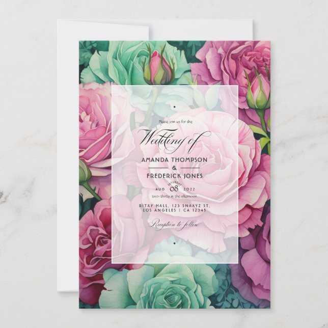 Dusty Rose und Emerald Green Floral Wedding Einladung (Vorderseite)