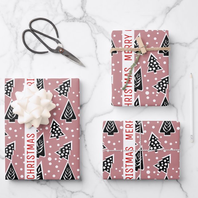 Dusty Rose und schwarz Frohe Weihnachtsbäume Urlau Geschenkpapier Set (Vorderseite)
