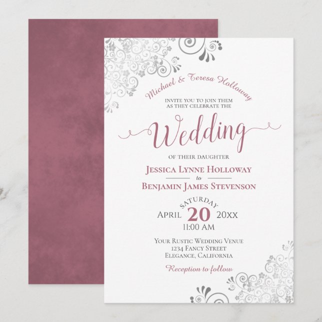 Dusty Rose und Silver Lace Formal White Wedding Einladung (Vorne/Hinten)