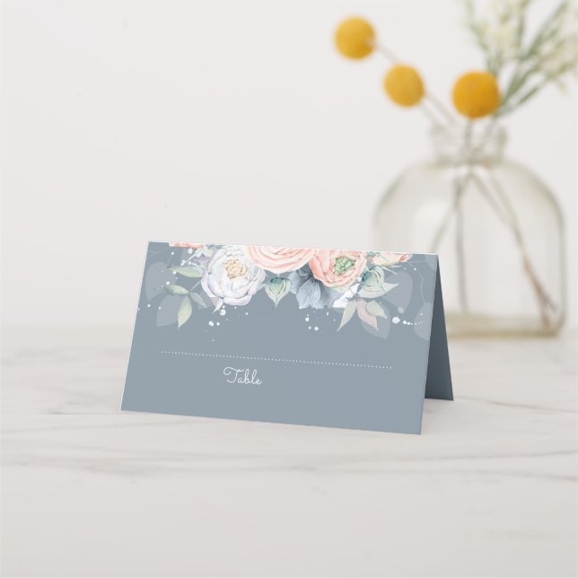Dusty Rose und Slate Blue Floral Elegant Platzkarte (Vorderseite)