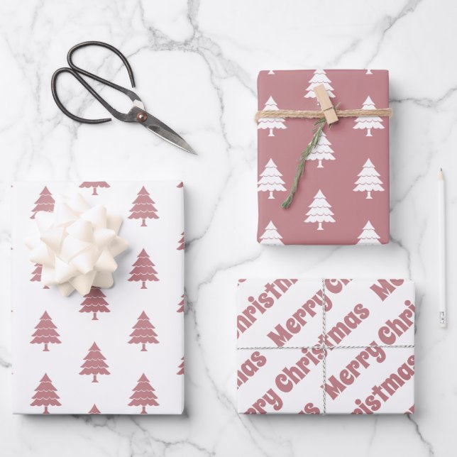 Dusty Rose und weiße Bäume Frohe Weihnachtsfeierta Geschenkpapier Set (Vorderseite)