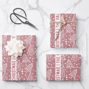Dusty Rose und weiße Weihnachtsbäume und Name Geschenkpapier Set