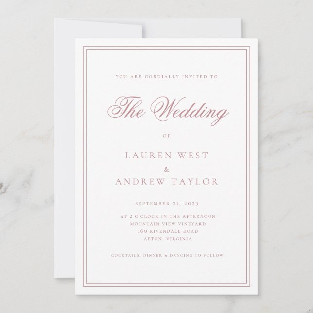Dusty Rose und White Minimalistisch Wedding Einlad Einladung (Vorderseite)