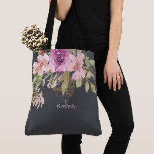 Dusty rose violet Floral initial Sac fourre-tout M