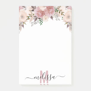 Dusty Rose Wasserfarbe Floral Monogramm   Post-it Klebezettel