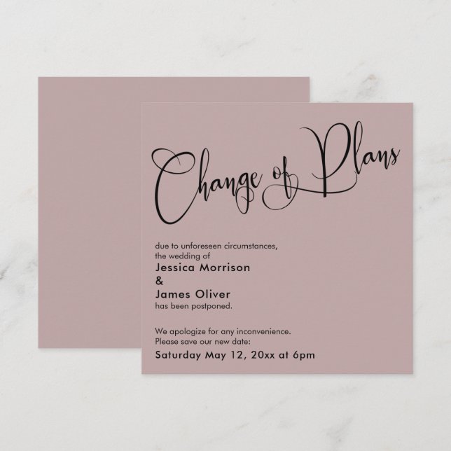 Dusty Rose Wechsel Pläne Zurückgestellt Hochzeitsk Einladung (Vorne/Hinten)