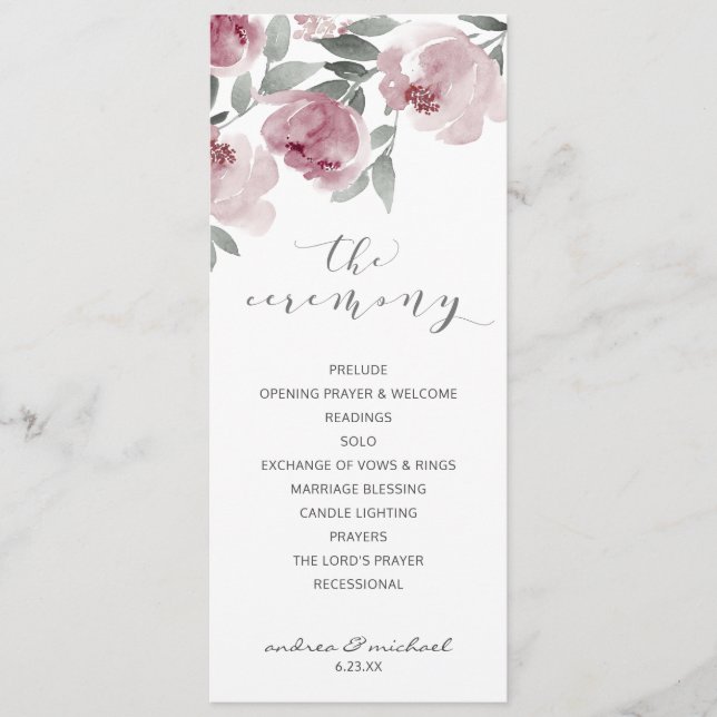 Dusty Rose Wedding Mauve Watercolor Programm (Vorderseite)