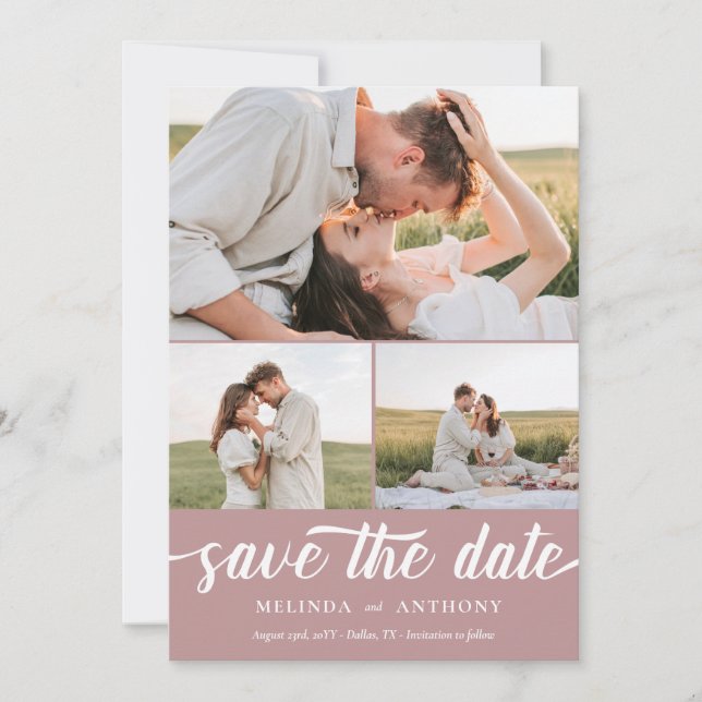 Dusty Rose Weiß Elegant Bold Script Collage Save The Date (Vorderseite)