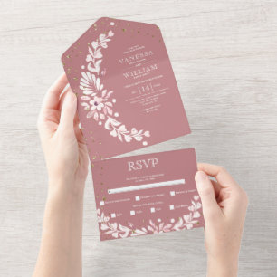Dusty Rose, weiße Blumengarten, Herz Hochzeit All In One Einladung