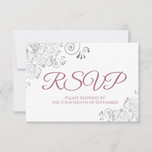 Dusty Rose & White Elegante Silver Lace Wedding RSVP Karte