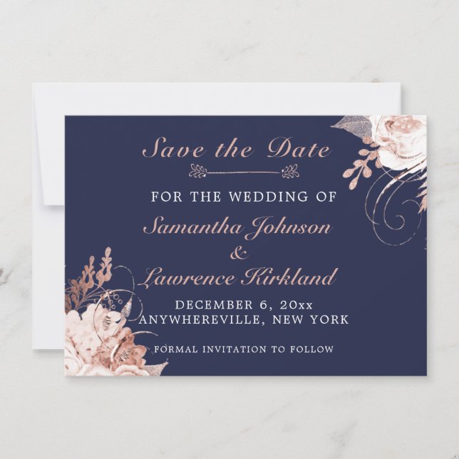 Dusty Rose White Floral Navy Blau Save the Date (Vorderseite)