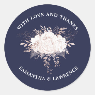 Dusty Rose White Floral Navy Blue Wedding Runder Aufkleber