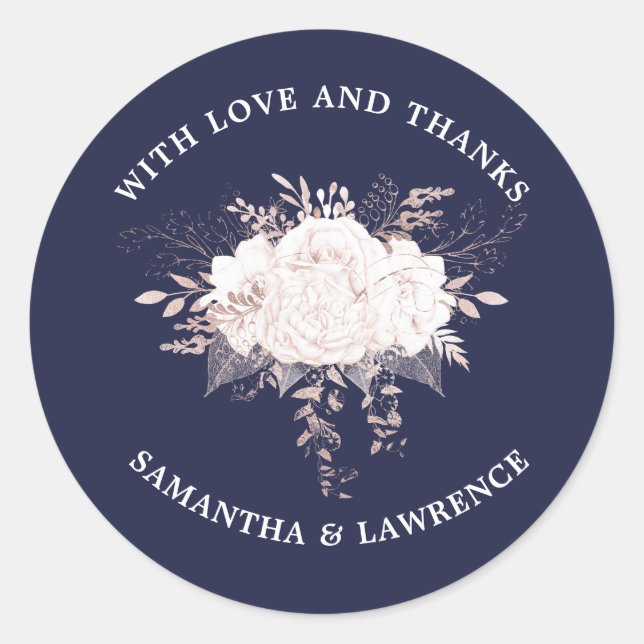 Dusty Rose White Floral Navy Blue Wedding Runder Aufkleber (Vorderseite)