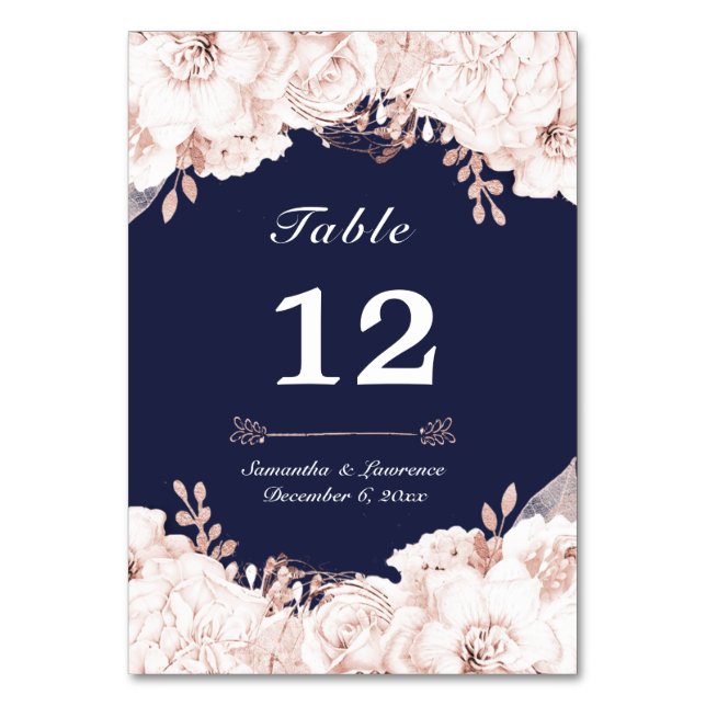 Dusty Rose White Floral Navy Blue Wedding Tischnummer (Vorderseite)