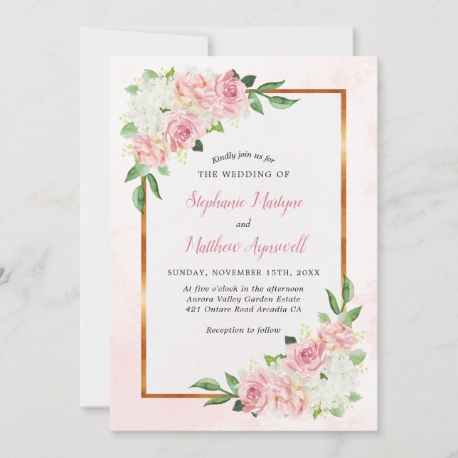Dusty Rose White Floral Watercolor Goldene Hochzei Einladung (Vorderseite)
