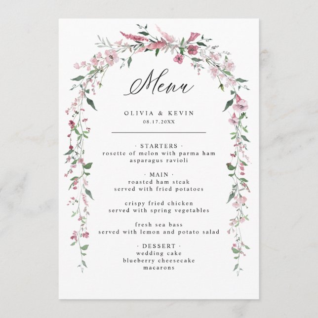 Dusty Rose Wild Blume Blush Floral Wedding Menu Menükarte (Vorderseite)