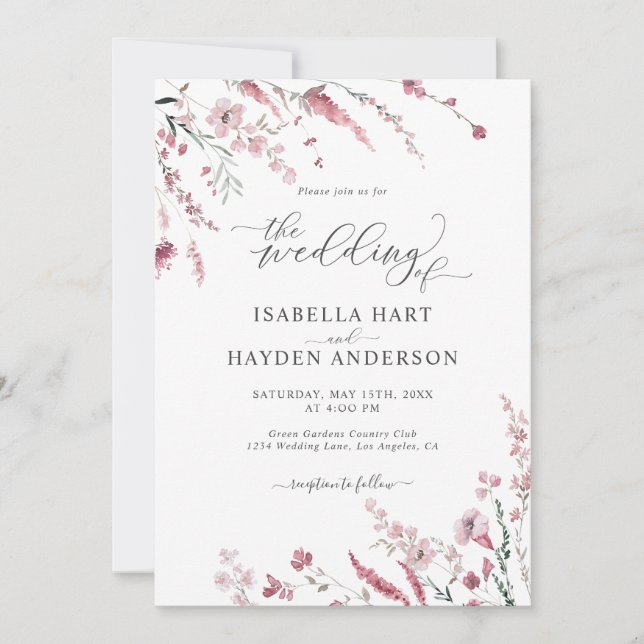 Dusty Rose Wild Floral All in one QR Code Hochzeit Einladung (Vorderseite)
