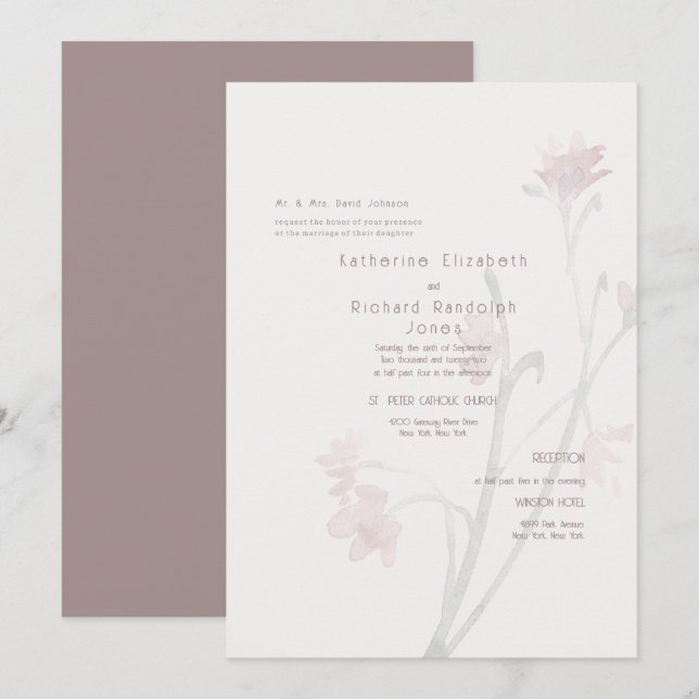 Dusty Rose Wildblume Hochzeit Einladung (Vorne/Hinten)