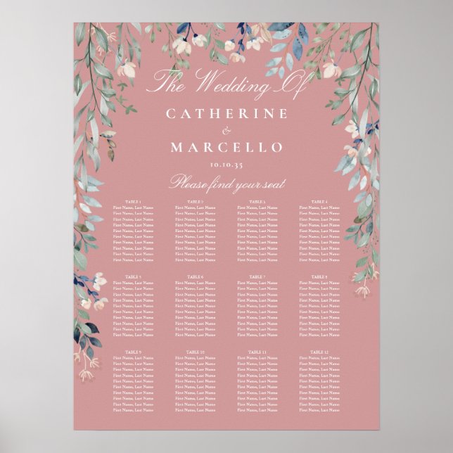Dusty-Rose-Wildblumen Hochzeitsplan Poster (Vorne)