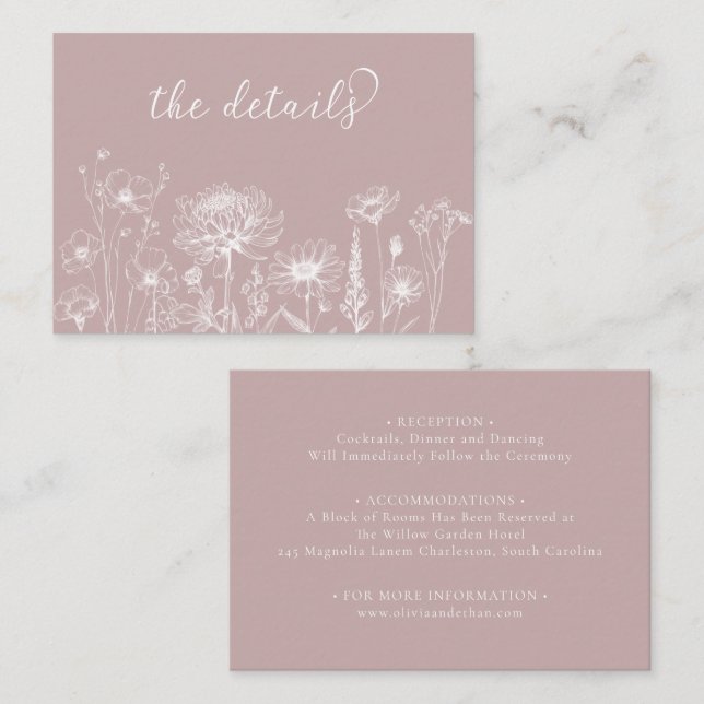 Dusty Rose Wildflower Details Card Wedding Insert (Vorne/Hinten)
