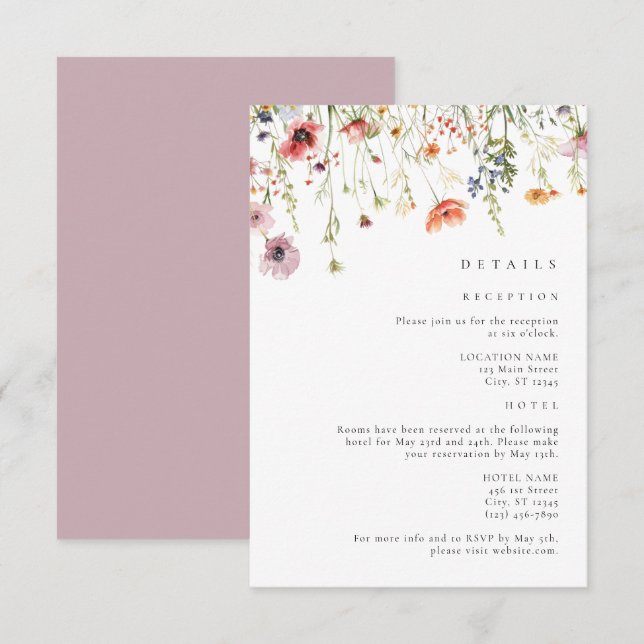 Dusty Rose Wildflower Wedding Details Begleitkarte (Vorne/Hinten)