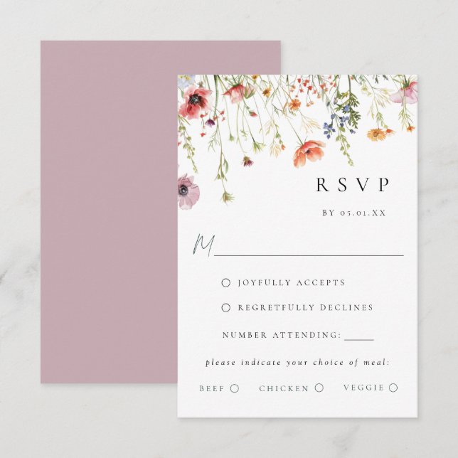 Dusty Rose Wildflower Wedding Meal Choice RSVP Karte (Vorne/Hinten)