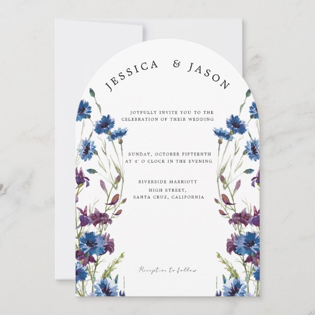 Dusty Royal Blue Lila Bloom Floral Wedding Einladung (Vorderseite)