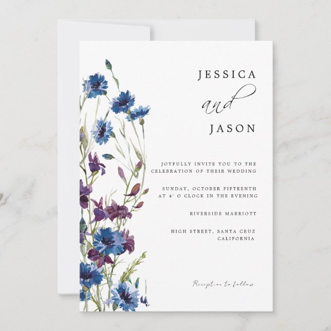 Dusty Royal Blue Lila Bloom Floral Wedding Einladung (Vorderseite)