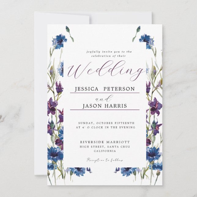 Dusty Royal Blue Lila Bloom Floral Wedding Invit Einladung (Vorderseite)