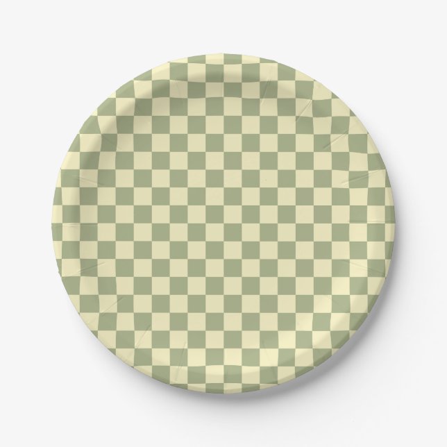 Dusty Sage Green and Butter Yellow Checkerboard Pappteller (Vorderseite)