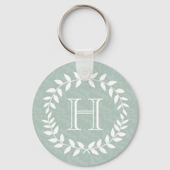 Dusty Sage Green Botanical Wreath Monogram Schlüsselanhänger (Vorderseite)