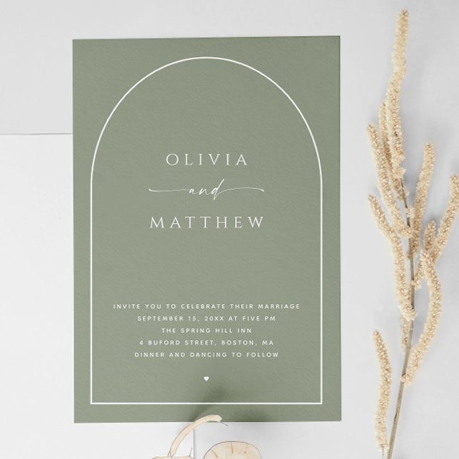 Dusty Sage Green Minimalistisch Arch Wedding. Foto Einladung (Von Creator hochgeladen)