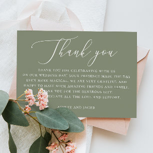 Dusty Sage Green Script Wedding   Elegant Rustic Dankeskarte