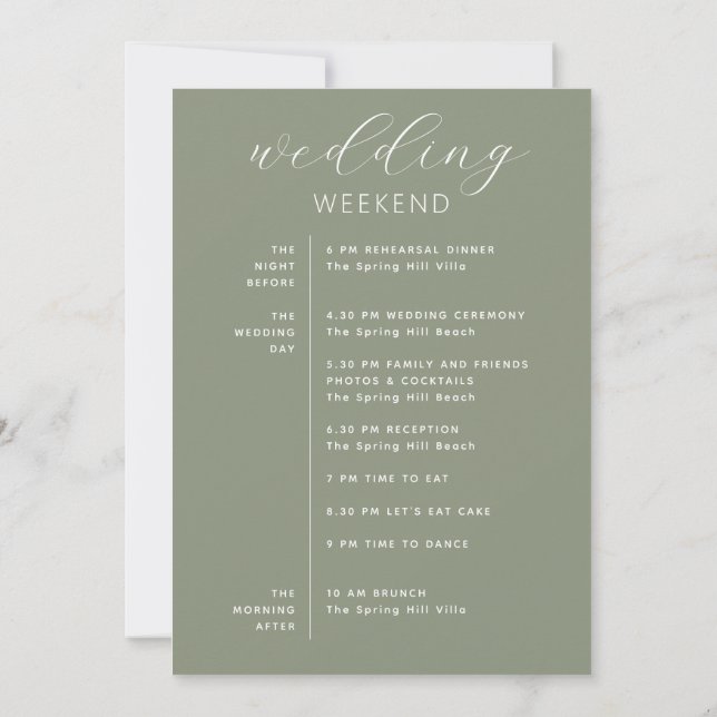 Dusty Sage Green Woodland Wedding Weekend Timeline Einladung (Rückseite)