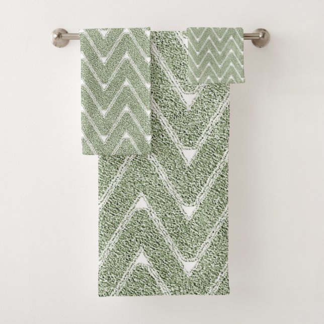 Dusty Sage Green Zickzack Pattern Badhandtuch Set (Insitu)