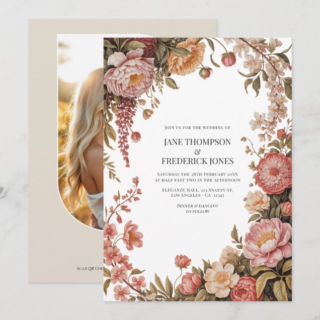 Dusty Sage, Soft Peach & Warm Sand Floral Wedding Einladung (Vorne/Hinten)