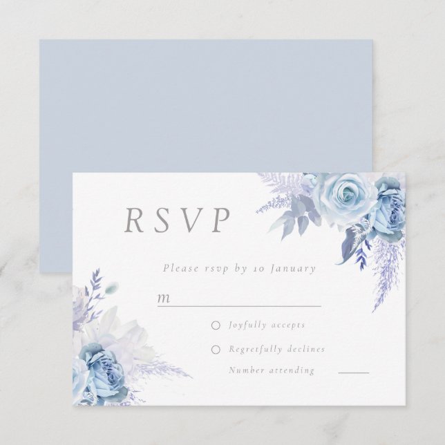 Dusty Sky Blue Divine Floral Wedding All Event RSVP Karte (Vorne/Hinten)