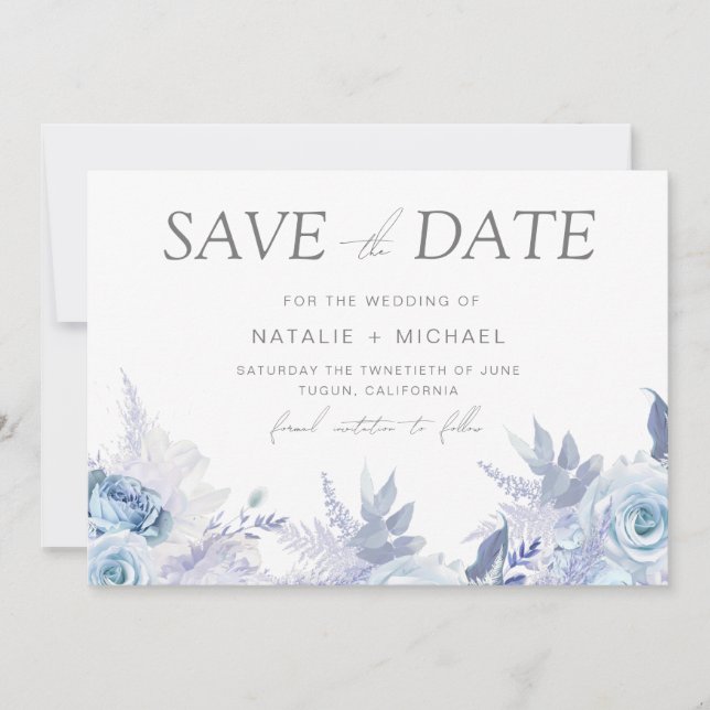 Dusty Sky Blue Floral Wedding Save The Date (Vorderseite)