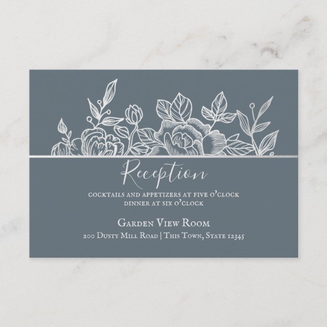 Dusty Slate Blue Silver Floral Sketch Wedding Begleitkarte (Vorderseite)